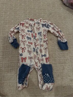 Posh Peanut Cream One-Piece Footie with Pink & Blue Bow Print